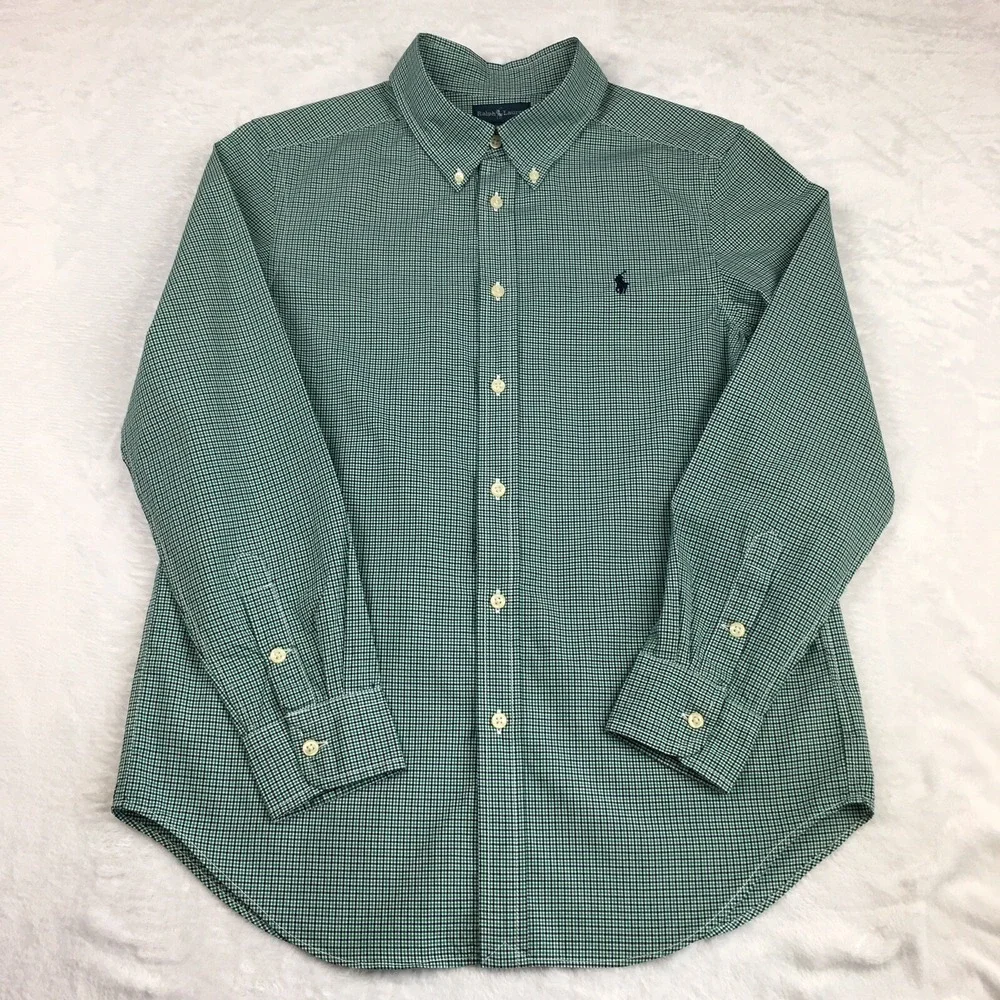 Ralph Lauren Shirt Boys Large (14-16) Green Micro-Check‎ Blue Pony